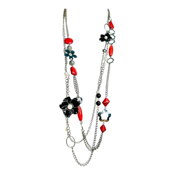 Red and Black Silver Tone Flower Station Necklaces - Picture 2 of 3